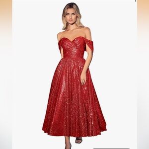 Ladivine by Cinderella Unique VintageDivine Red Glitter Tea Length Dress NWT 8